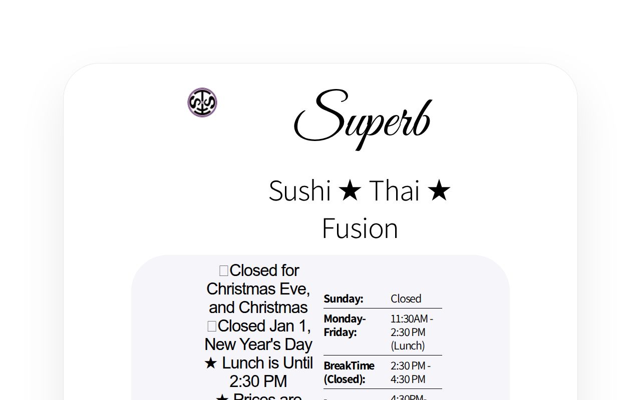 Superb Sushi Thai Fusion restaurant logo - View nutrition facts, calories, and macros for menu items at 2306 12th Ave Nampa, ID 83686